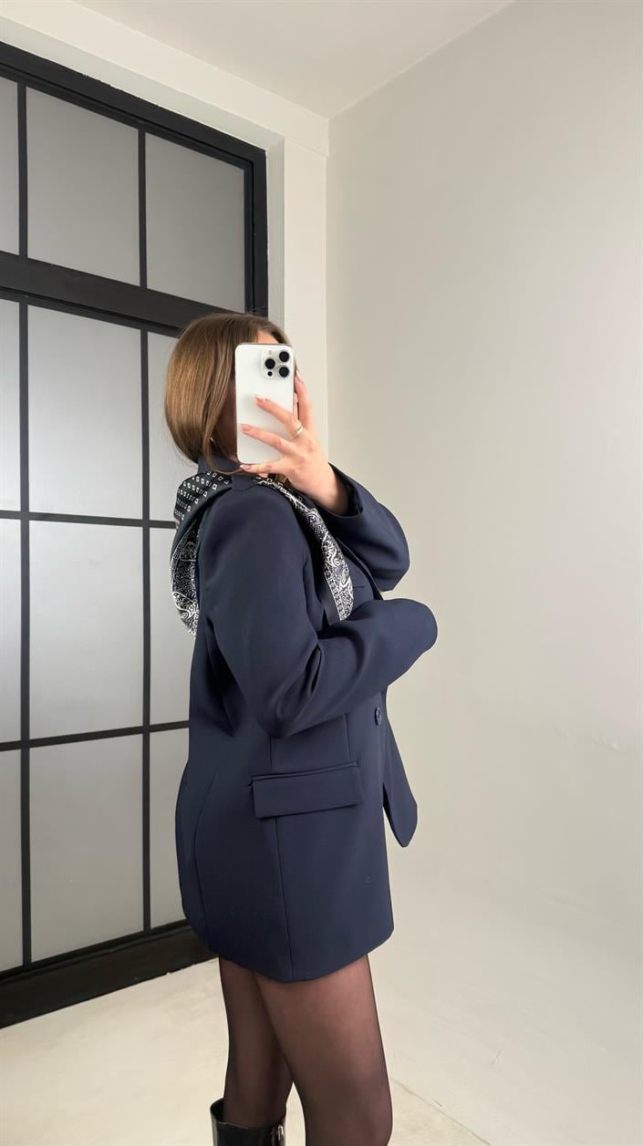 Lacivert Astarlı Vatkalı Fular Detaylı Blazer Ceket GAUS-00976