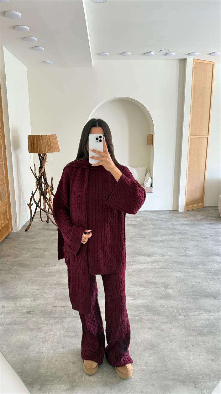 Bordo Kazak Atkı Beli Lastikli Pantolon 3lü Örgü Kumaş Takım GAUS-00212