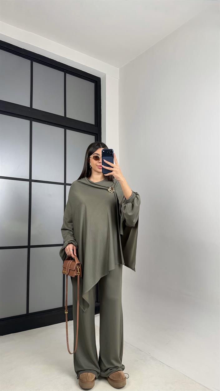 Haki Gold Tokalı Pelerin Bluz Beli Lastikli Pantolon Modal Kumaş Takım GAUS-00871