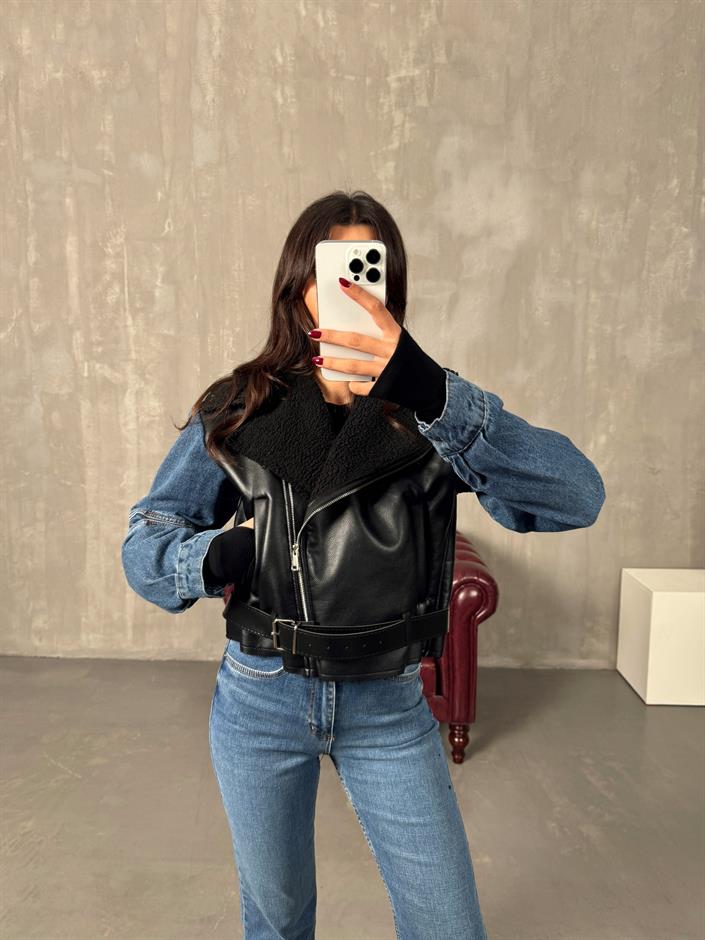 Lordy Siyah Kol Denim Detaylı İçi Kürklü Kemerli Biker Mont