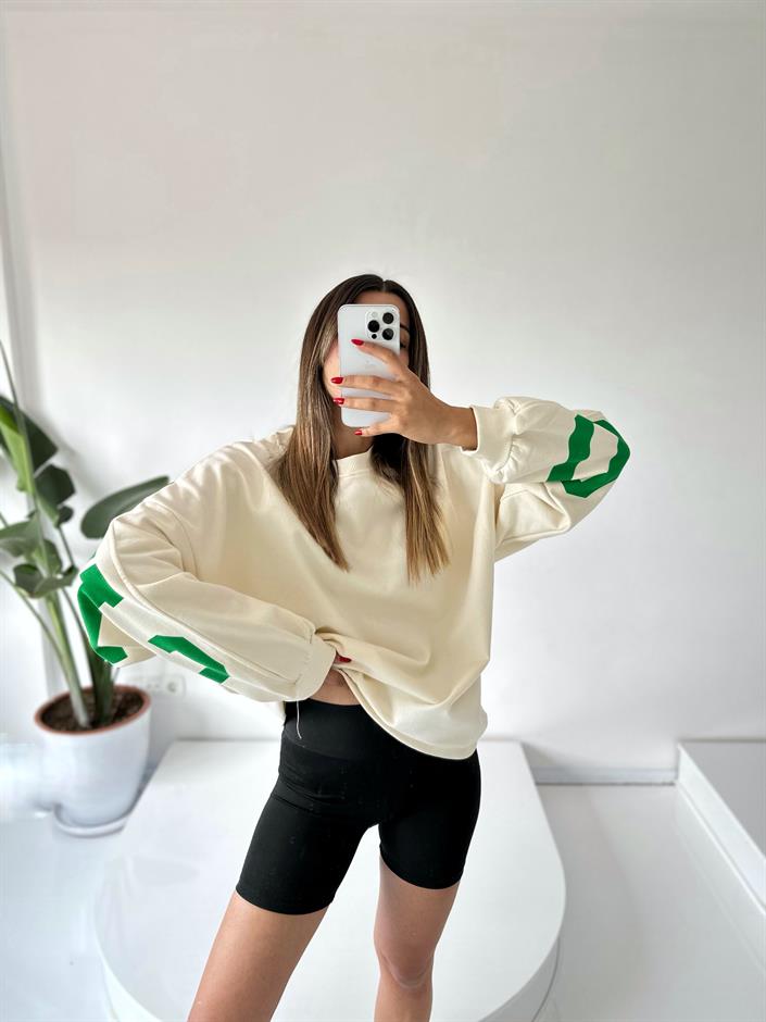 Ekru Arkası Baskılı Oversize Sweatshirt