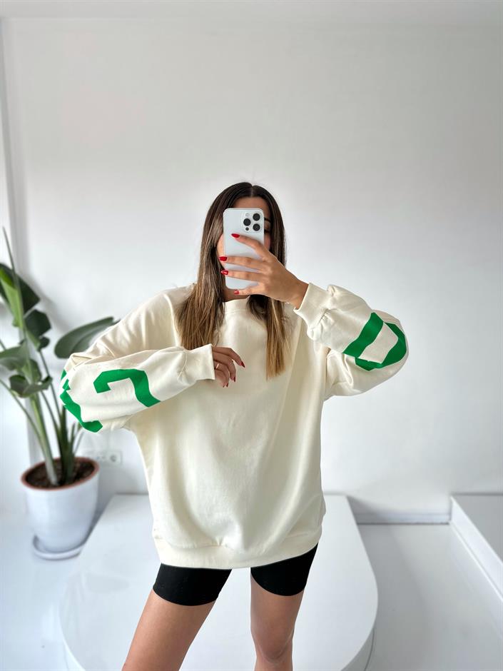 Ekru Arkası Baskılı Oversize Sweatshirt