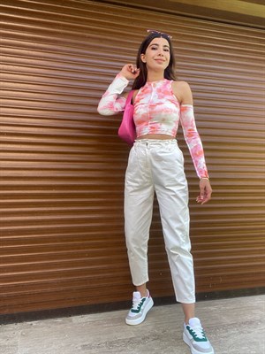 Ekru Beli Lastikli Denim Pantolon