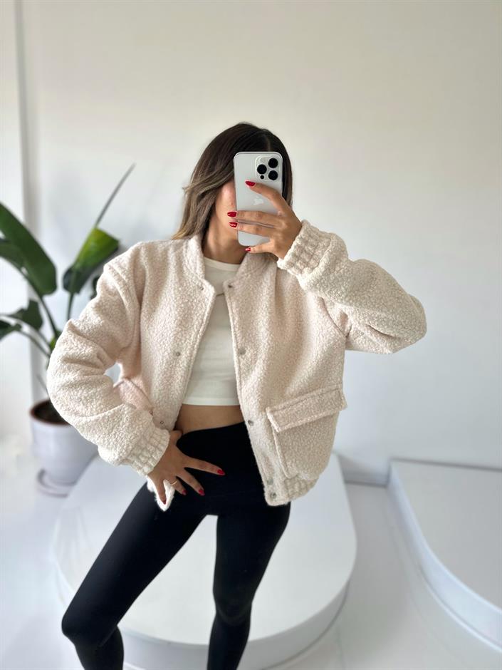 Ekru Buklet Teddy Bomber Ceket