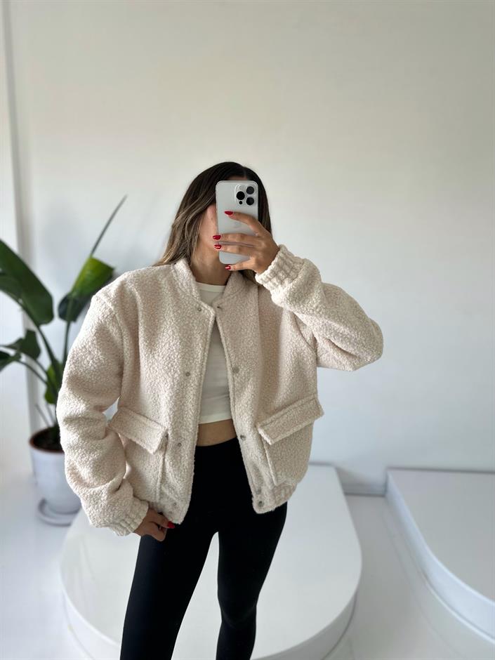 Ekru Buklet Teddy Bomber Ceket