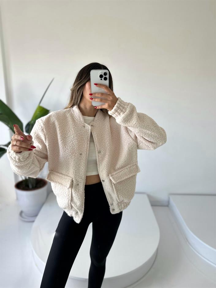 Ekru Buklet Teddy Bomber Ceket