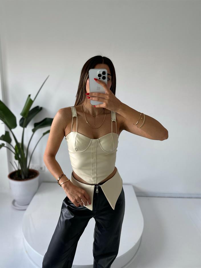 Ekru Deri Crop