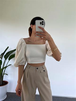 Ekru Sırt Dekolteli Balon Kol Bluz 