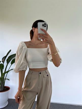 Ekru Sırt Dekolteli Balon Kol Bluz 