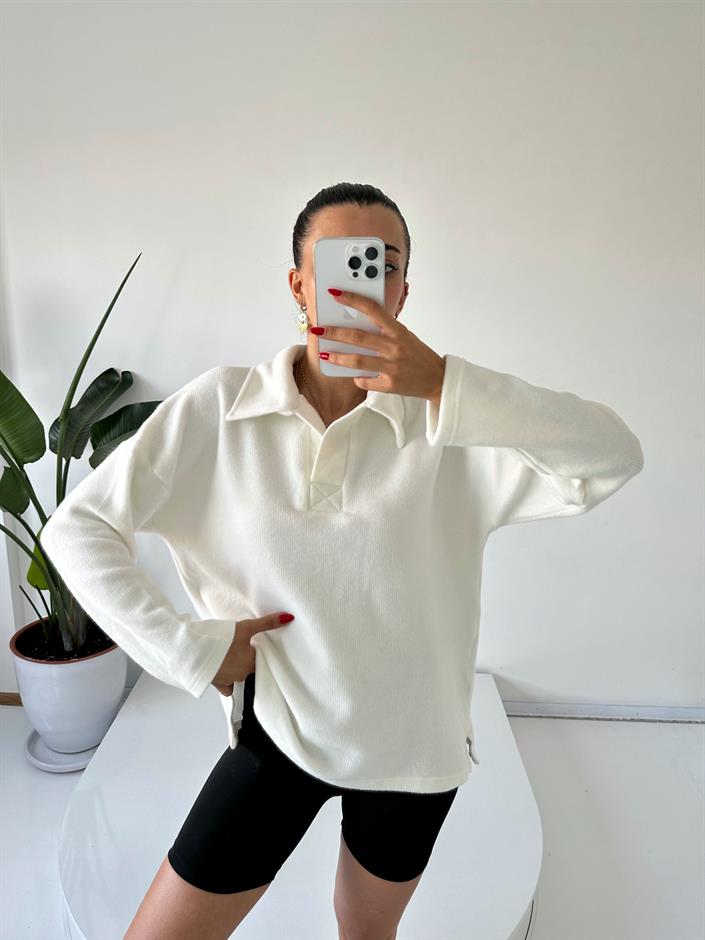 Ekru Yumuşak Dokulu Polo Yaka Sweat