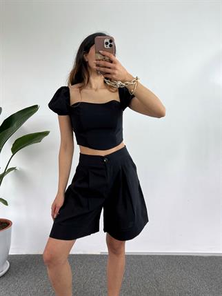 Erlina Siyah Crop Şortlu Takım