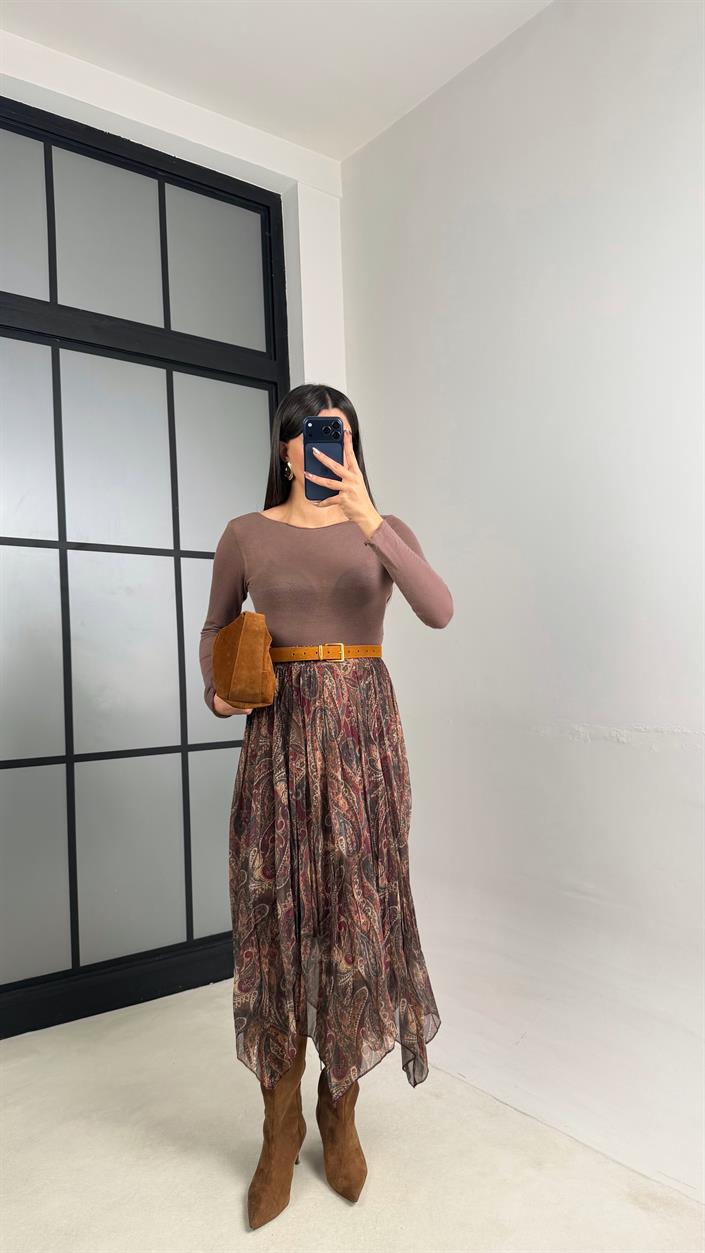 Yeşil Desenli Astarlı Şifon Etek GAUS-01086