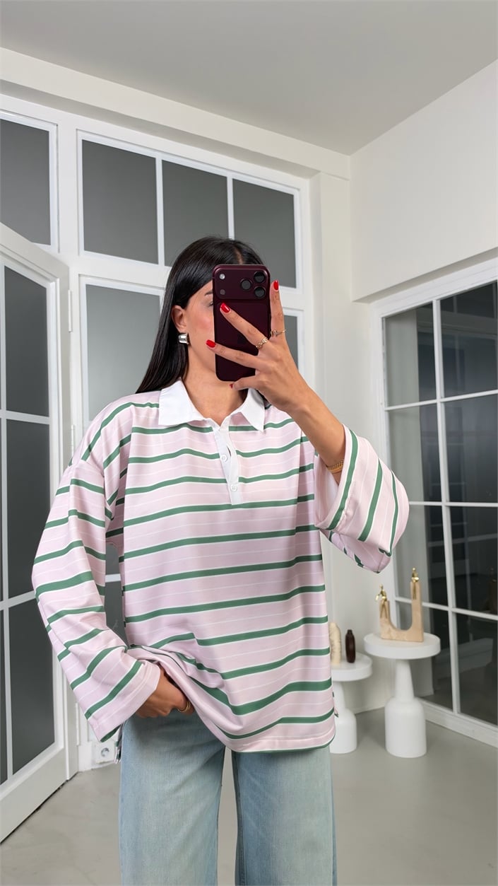 Açık Pembe Polo Yaka Şeritli Bluz GAUS-02306