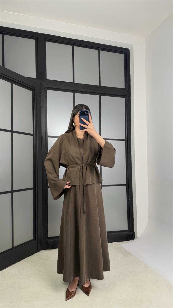 Acı Kahve Kuşaklı Ceket Elbise Premium Tencel Takım GAUS-01165