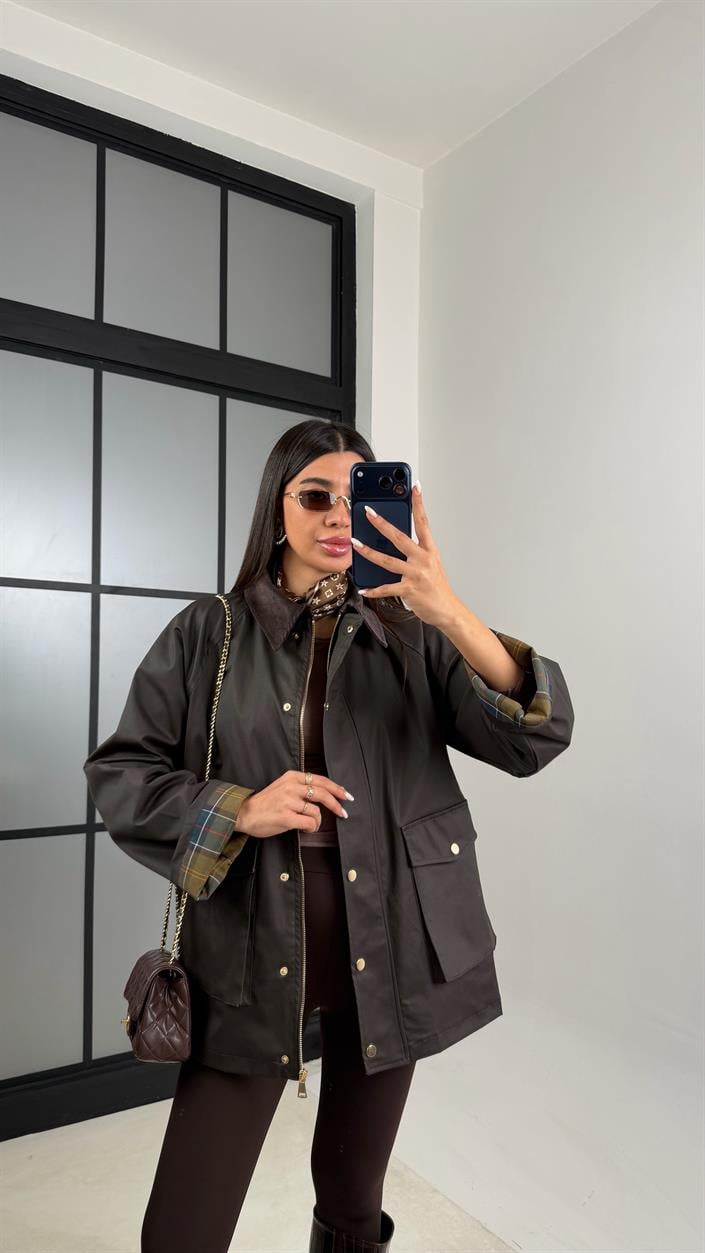 Acı Kahve Kadife Yaka Mumlu Görünümlü Cepli Parka GAUS-00609