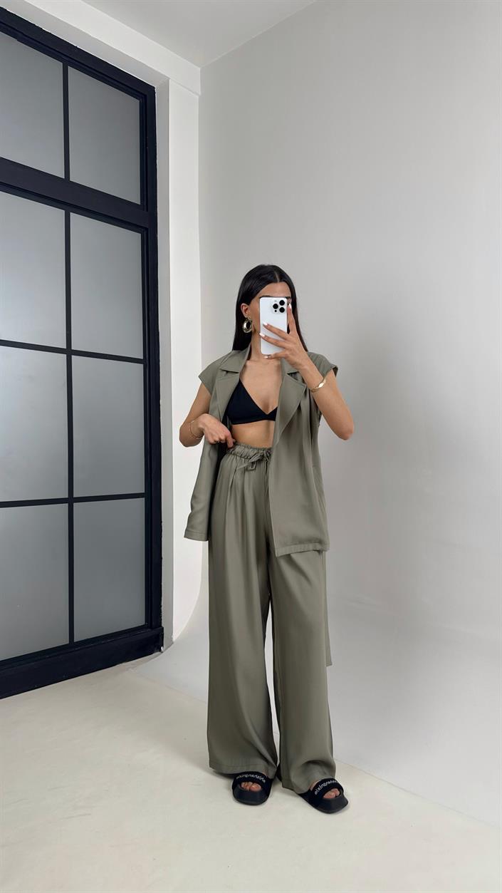 Haki Cepli Kuşaklı Yelek Beli Lastikli Pantolon Tencel Takım Gaus00433