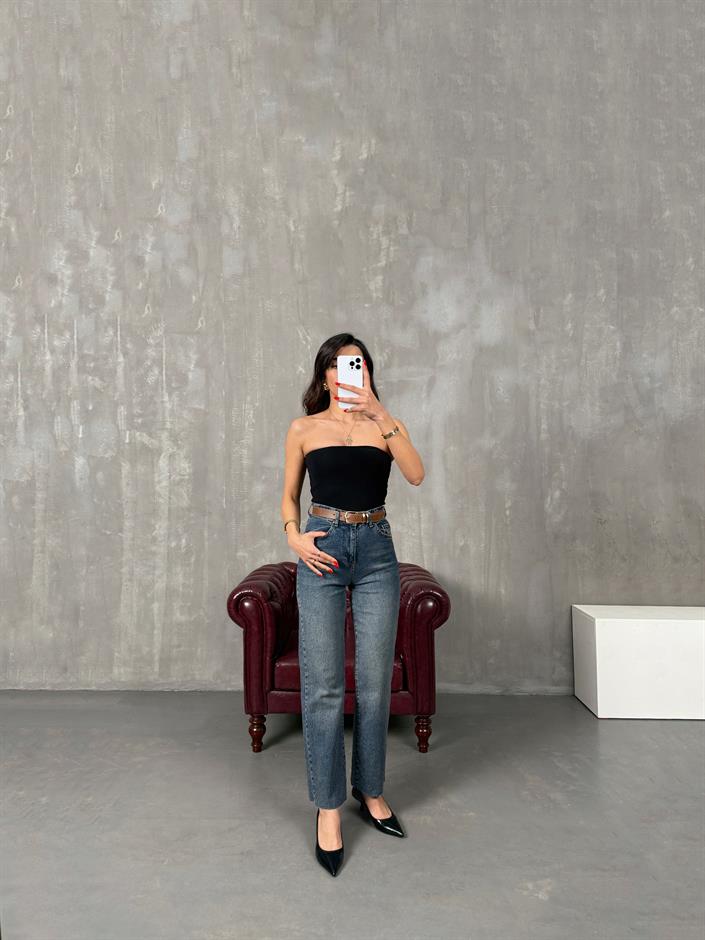 Lisa Mavi Eskitme Kesik Paça Kahve Kemerli Yüksek Bel Jean