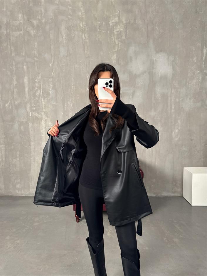 Doris Siyah Astarlı Kuşaklı Deri Orta Boy Trençkot