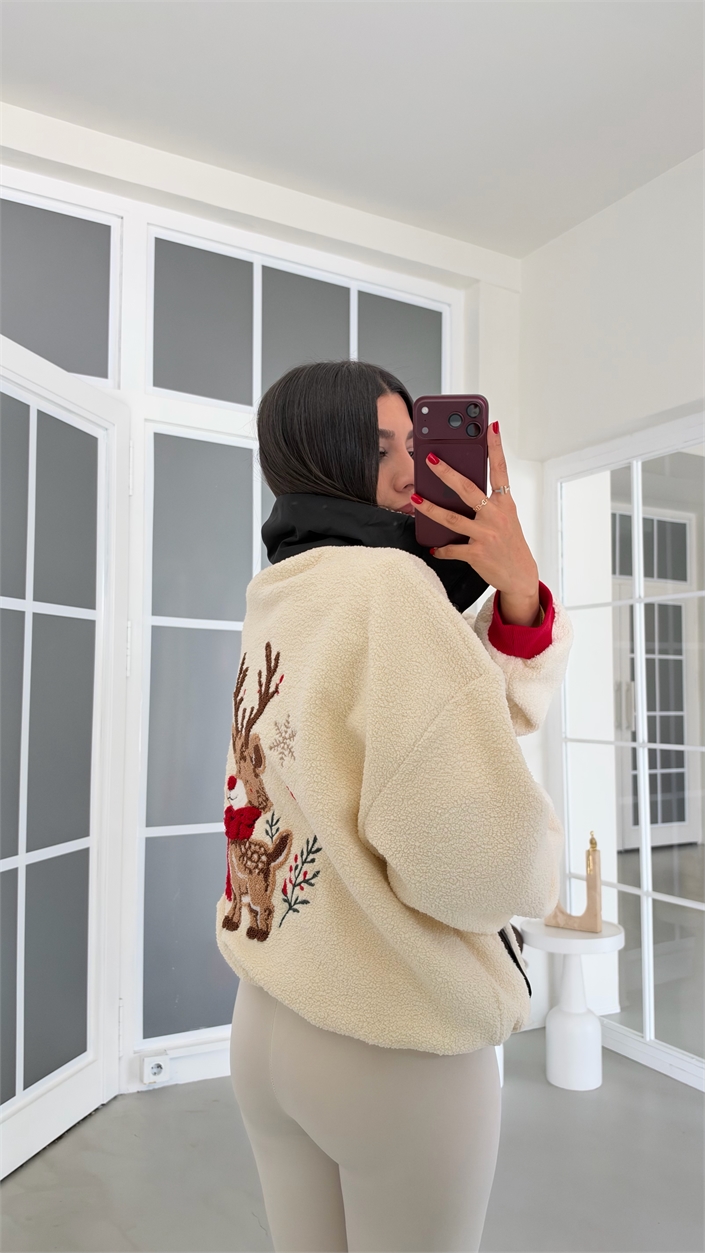 Siyah Geyik Baskılı Muadil Polar Sweatshirt GAUS-02237