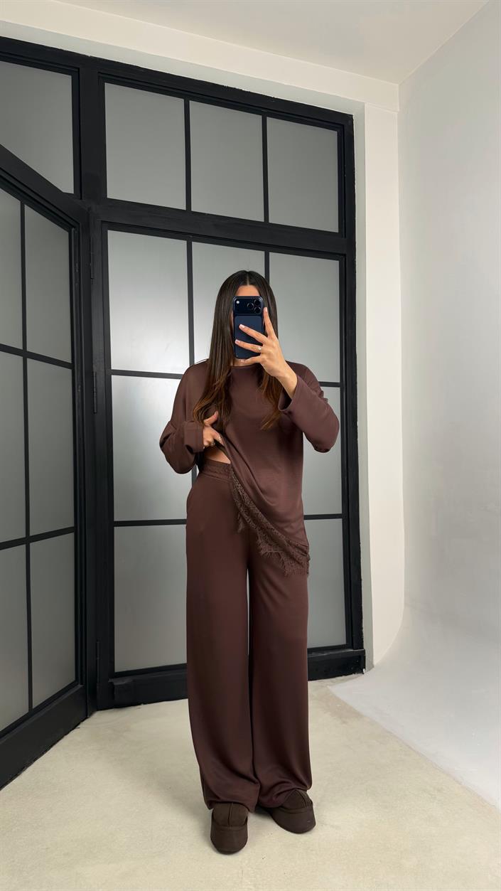 Kahve Dantel Detaylı Beli Lastikli Modal İkili Takım GAUS-01207