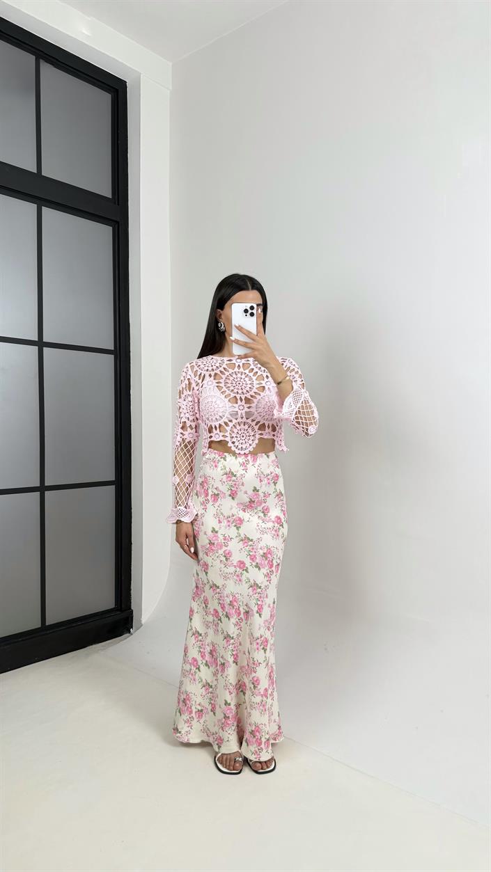 Pembe Çiçek Desenli Saten Etek Gaus00413
