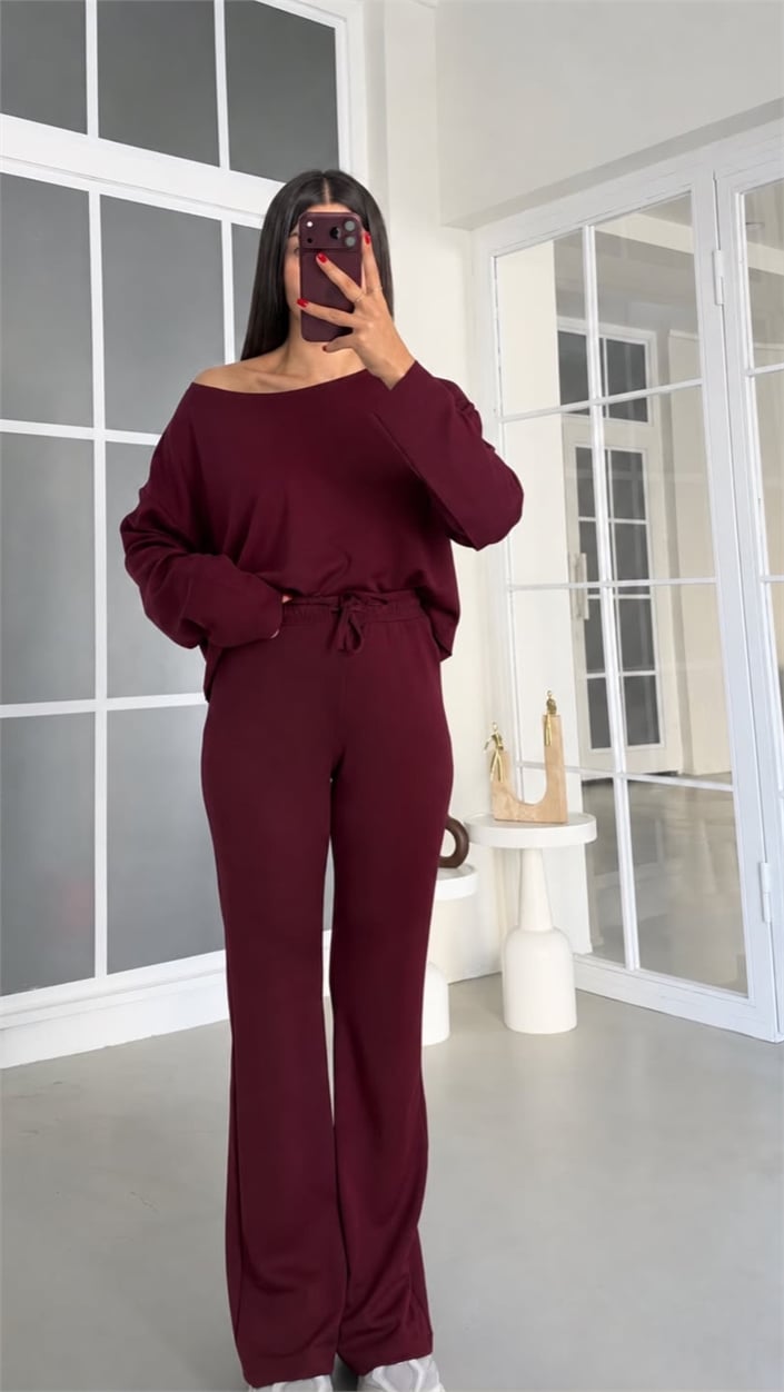Mürdüm Kayık Yaka Bluz Beli Lastikli Pantolon İkili Modal Takım GAUS-02168