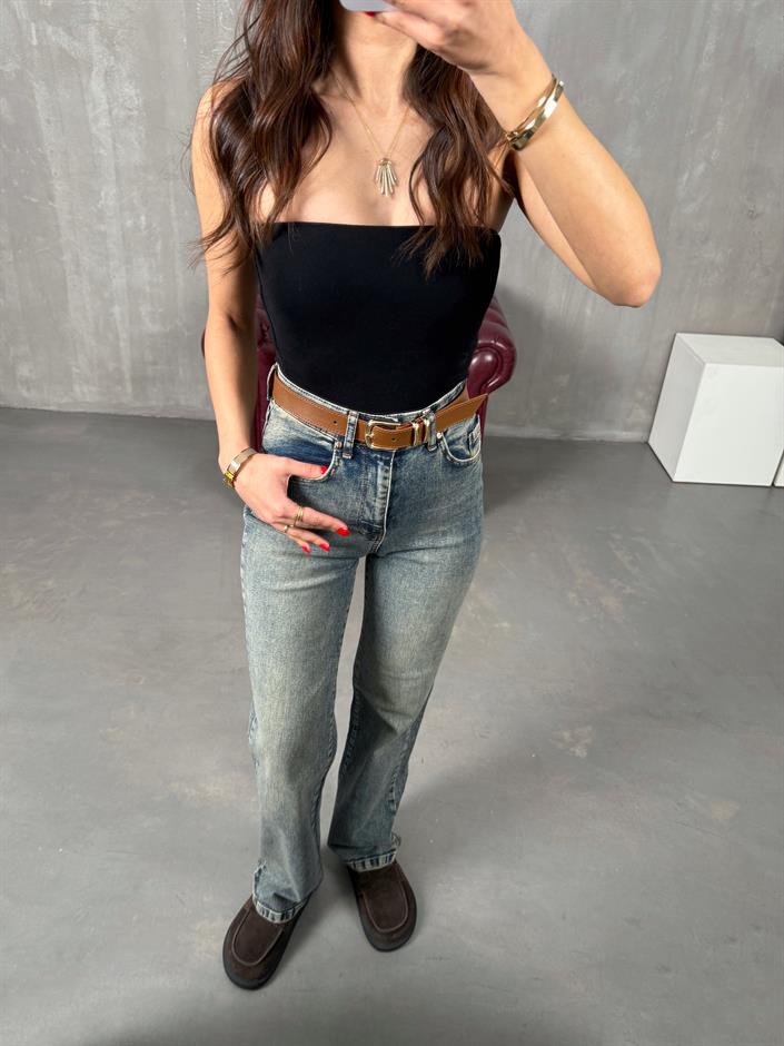 Fedi Mavi Eskitme Kahve Kemerli Yüksek Bel Wide Leg Jean