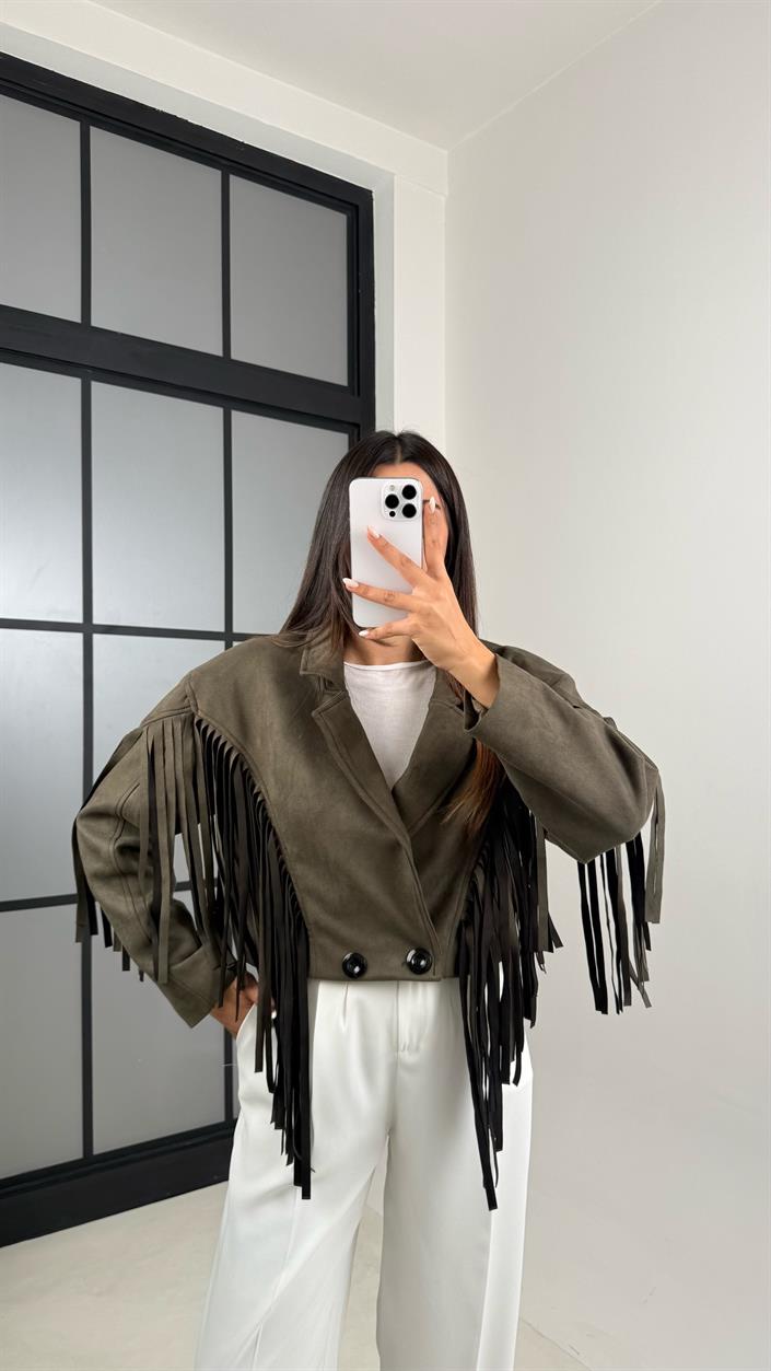 Haki Vintage Püsküllü Süet Ceket GAUS-00483