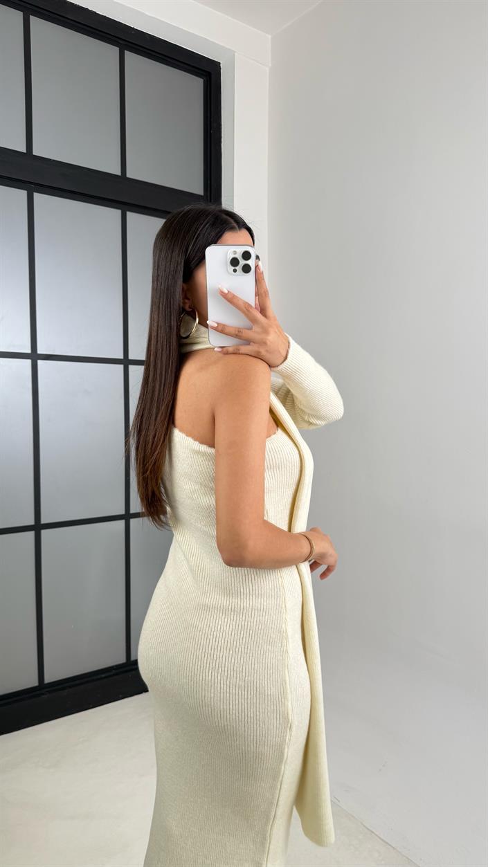 Ekru Tek Omuz Atkılı Triko Elbise GAUS-00223