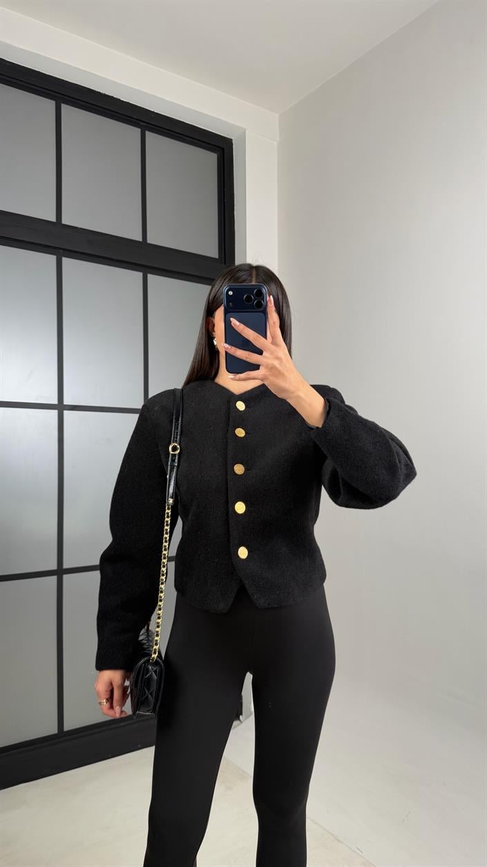 Siyah Gold Düğmeli Belden Oturtma Kaşe Ceket GAUS-00849