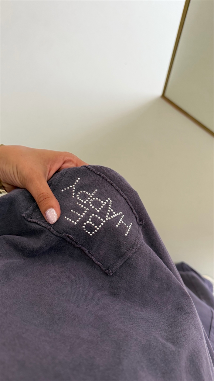 Mor Taş Yazı Detaylı Tshirt Beli Lastikli Eşofman Takım GAUS-01755