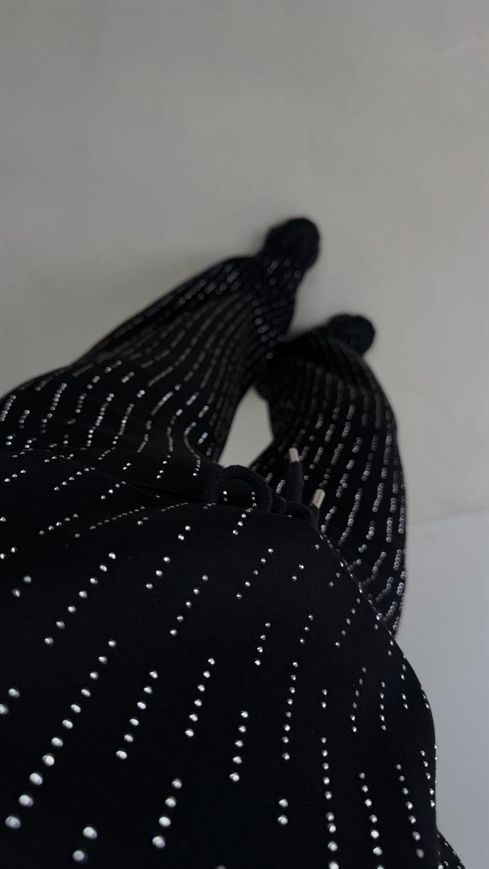 Siyah Kazak Beli Lastikli Pantolon Taş Detaylı Tasarım İkili Modal Takım GAUS-00674