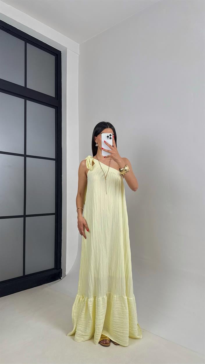Sarı Tek Omuz Astarlı Gofre Kumaş Elbise Gaus00497 