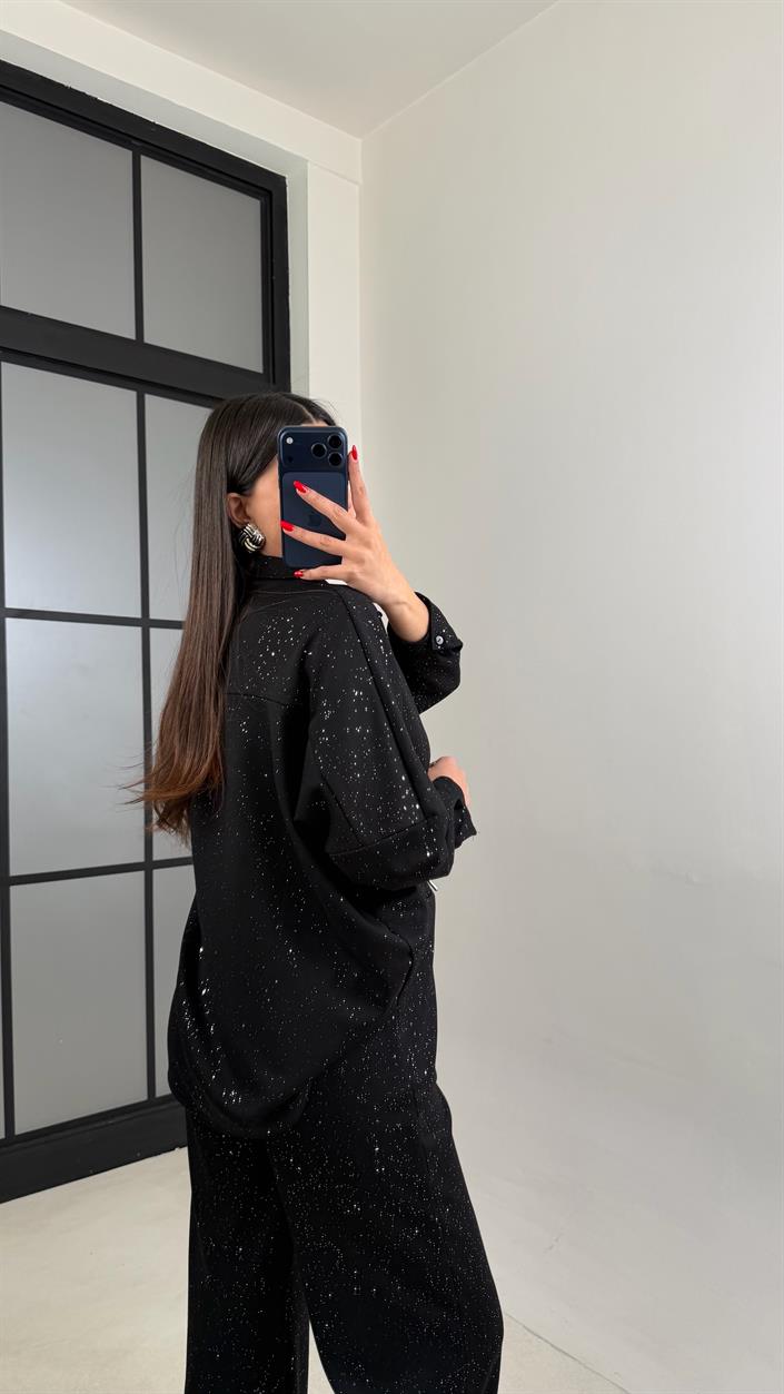 Siyah Gömlek Beli Lastikli Pantolon Premium Simli Takım GAUS-01013 GAUS-01014