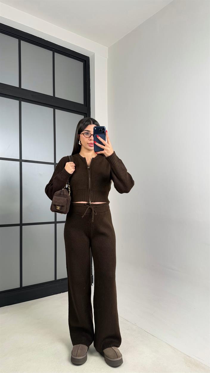Acı Kahve Çift Fermuarlı Hırka Pantolon Triko Takım GAUS-00951