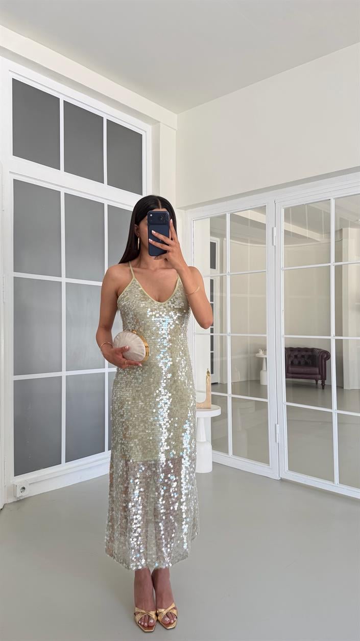 Yeşil Ayarlanabilir Askılı Astarlı Pullu Elbise GAUS-01684