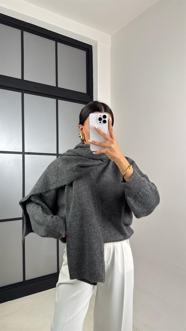 Antrasit Şal Detaylı Triko Kazak GAUS-00524