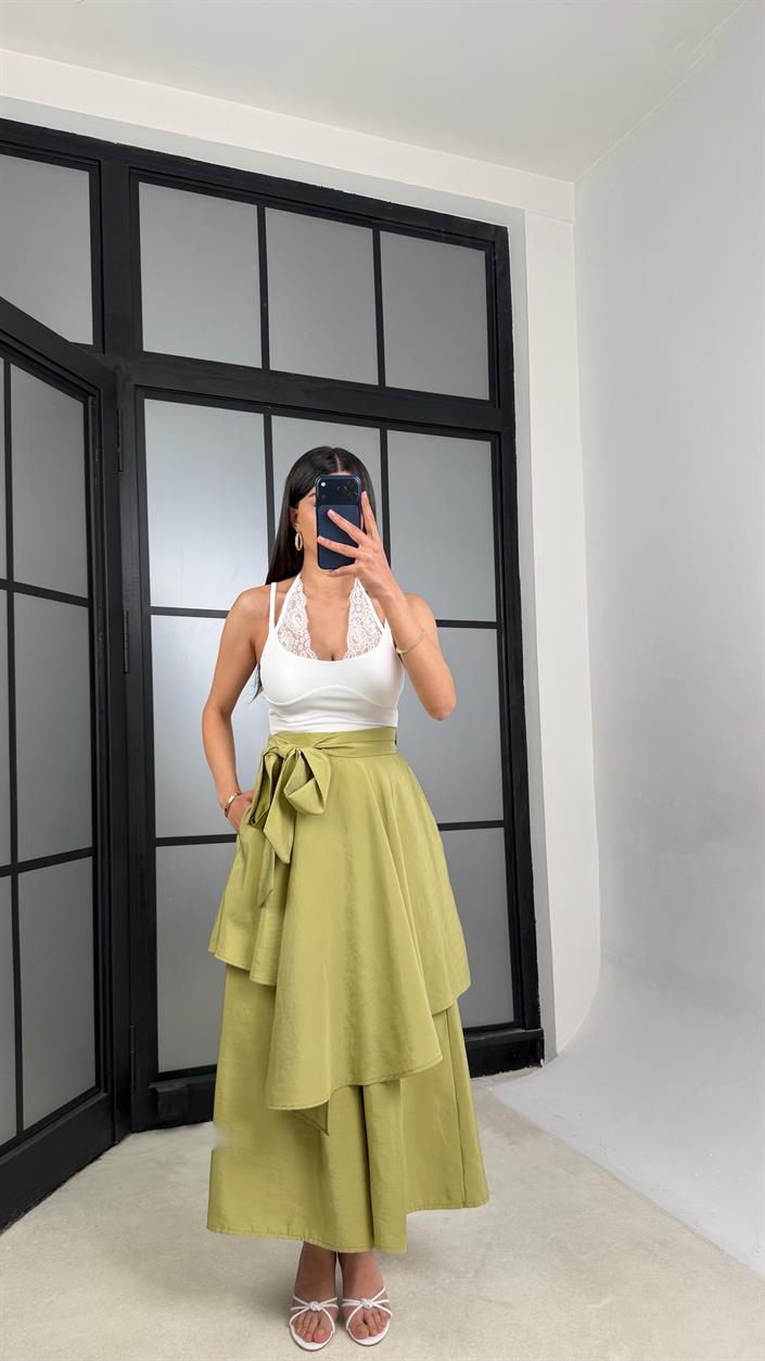 Yeşil İthal Tencel Kumaş Tasarım Etek Pantolon GAUS-01412