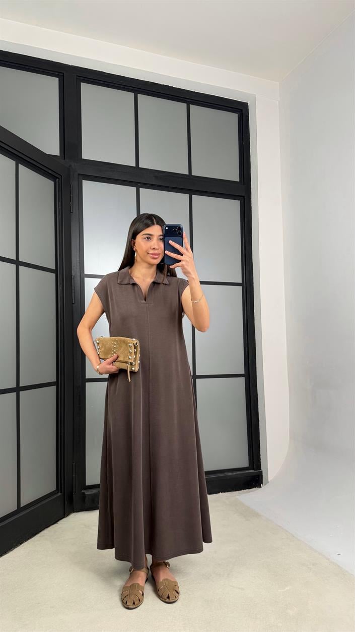 Kahve MD Muadil Polo Yaka Cepli Basic Elbise GAUS-01330