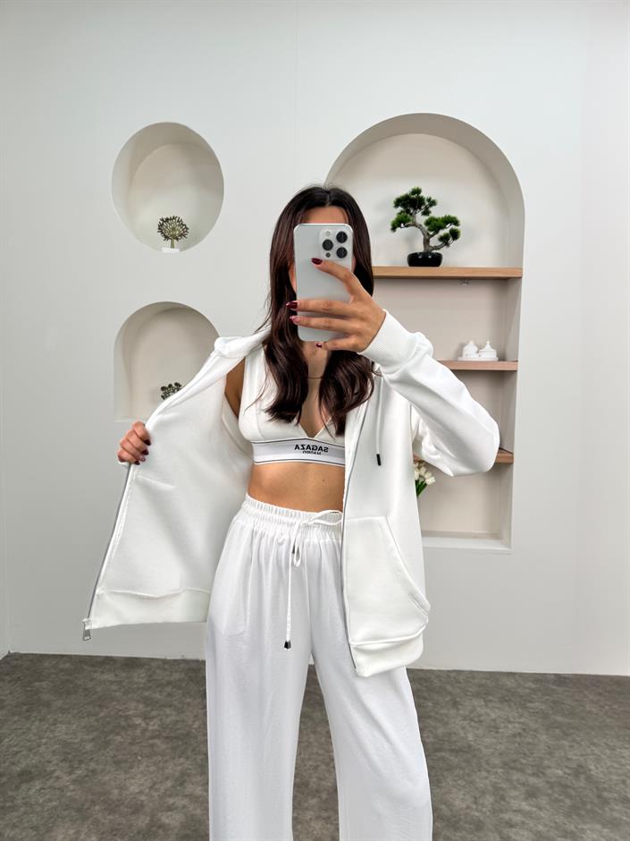 Khloe Beyaz Üç İplik Şardonlu Kapüşonlu Fermuarlı Sweatshirt