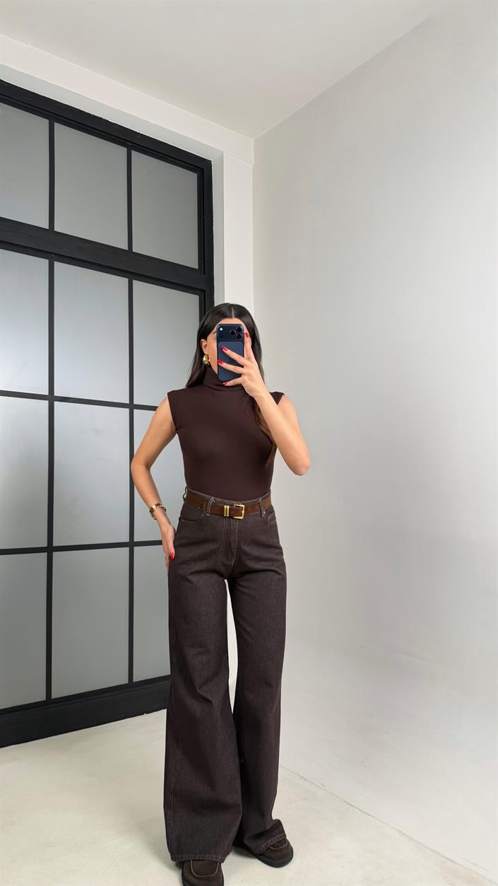 Acı Kahve Yüksek Bel Kemerli Eskitme Jean GAUS-00927