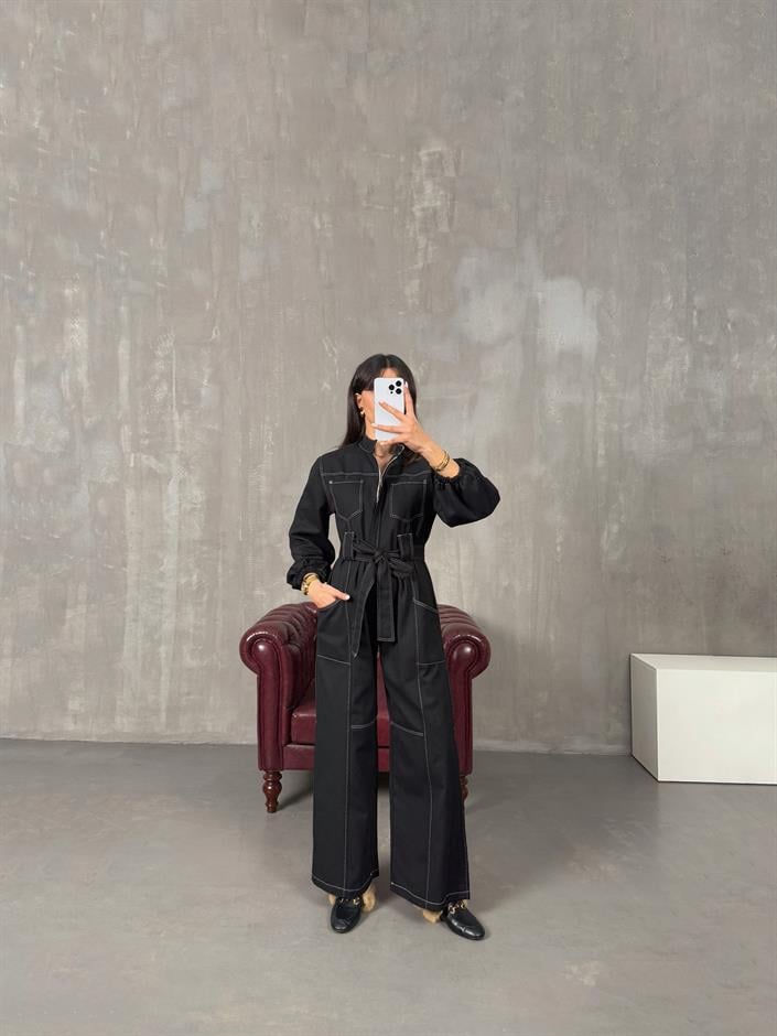 Belami Siyah Kuşaklı Gabardin Tulum