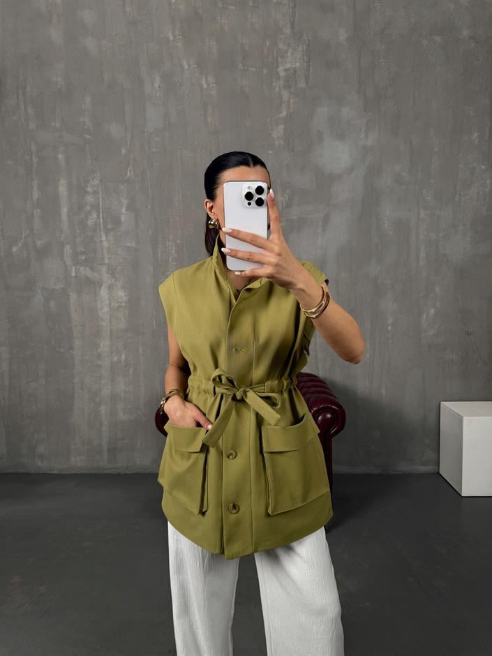 Ravi Yeşil Astarlı Belden Bağlamalı Gabardin Yelek