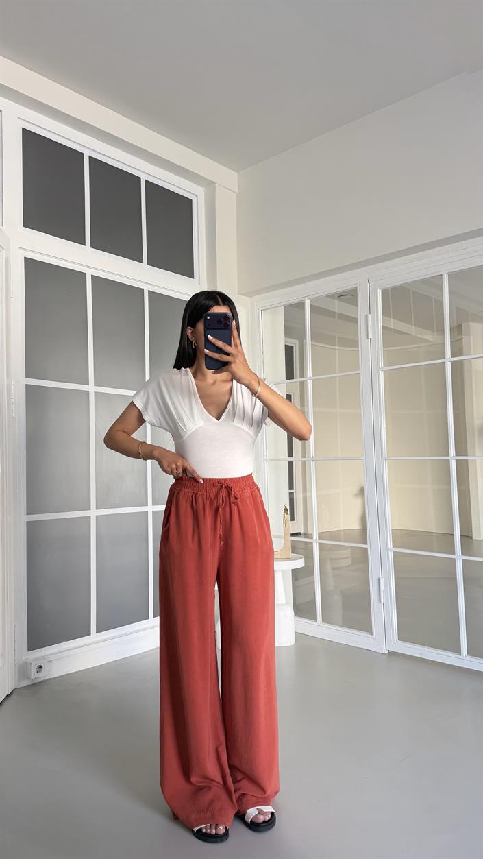 Kiremit Beli Lastikli Tencel Denim Pantolon GAUS-01474