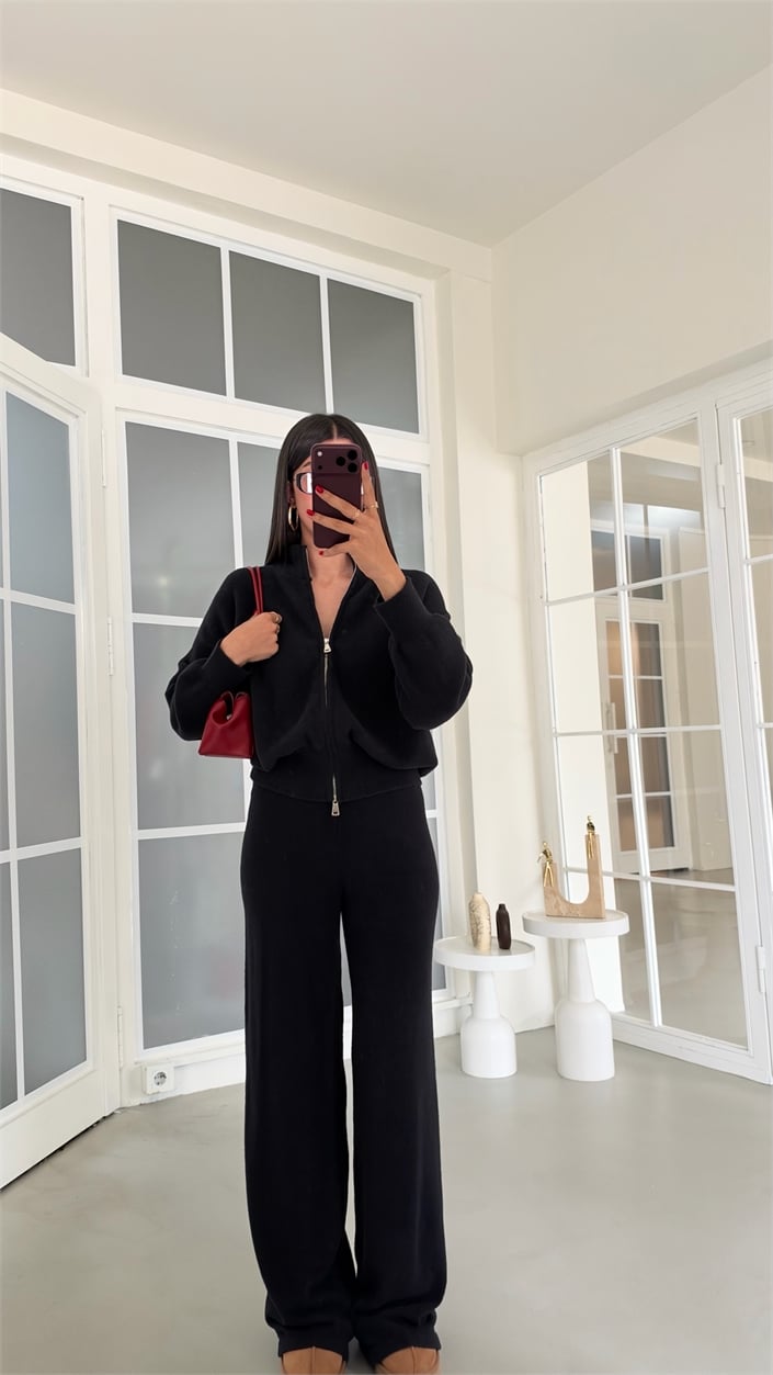 Siyah Çift Fermuarlı Hırka Beli Lastikli Pantolon İkili Yumuşak Kumaş Premium Takım GAUS-02303
