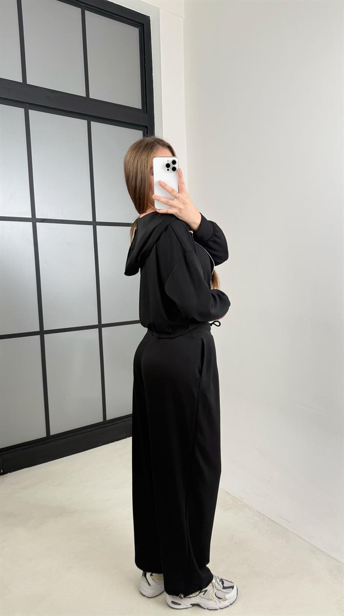 Siyah Atlet Hırka Beli Lastikli Pantolon 3lü Modal Takım GAUS-00645