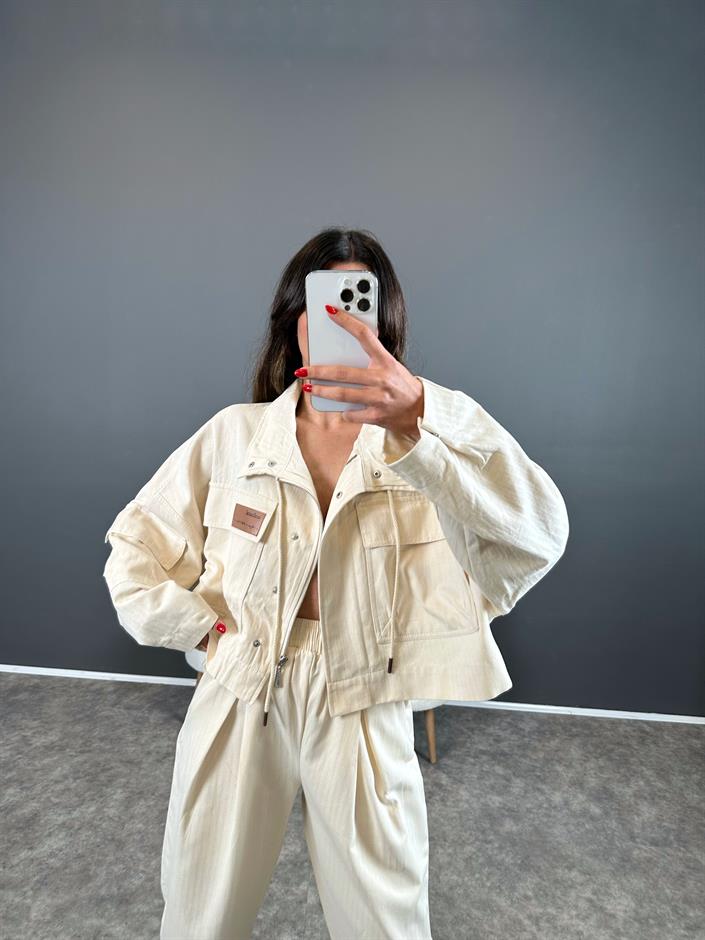 Gabardin Bej Baskılı Oversize Ceket 