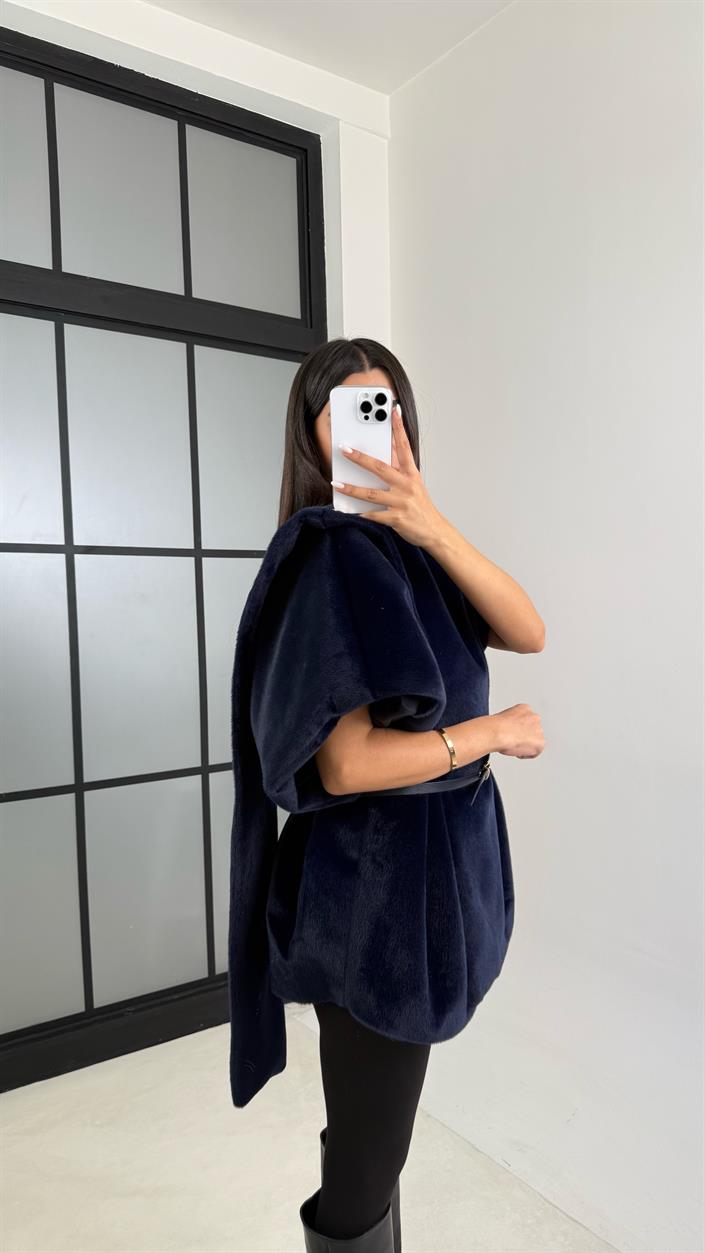 Lacivert Kemerli Tasarım Kürklü Panço GAUS-00520