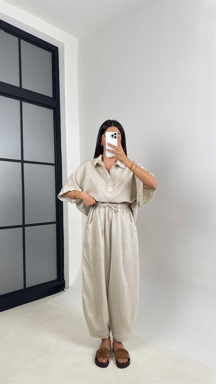 Taş Polo Yaka Yarasa Kol Bluz Şalvar Pantolon Md Muadil Premium Keten Takım Gaus00542