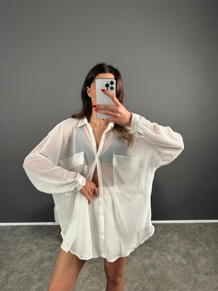 Beyaz Transparan Oversize Cepli Gömlek 